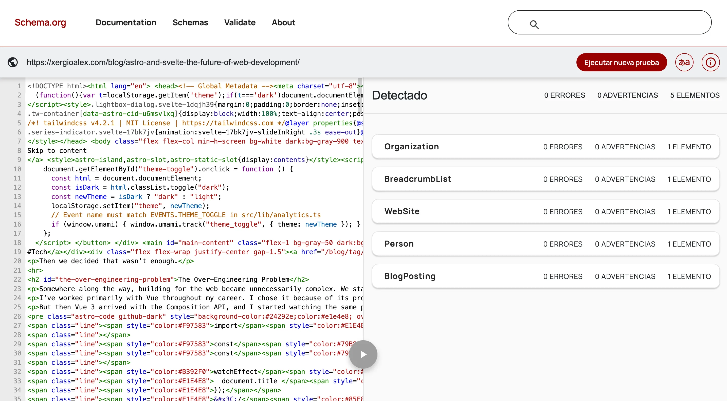 Schema.org Validator showing 5 elements on a blog post: Organization, BreadcrumbList, WebSite, Person, and BlogPosting, all with 0 errors