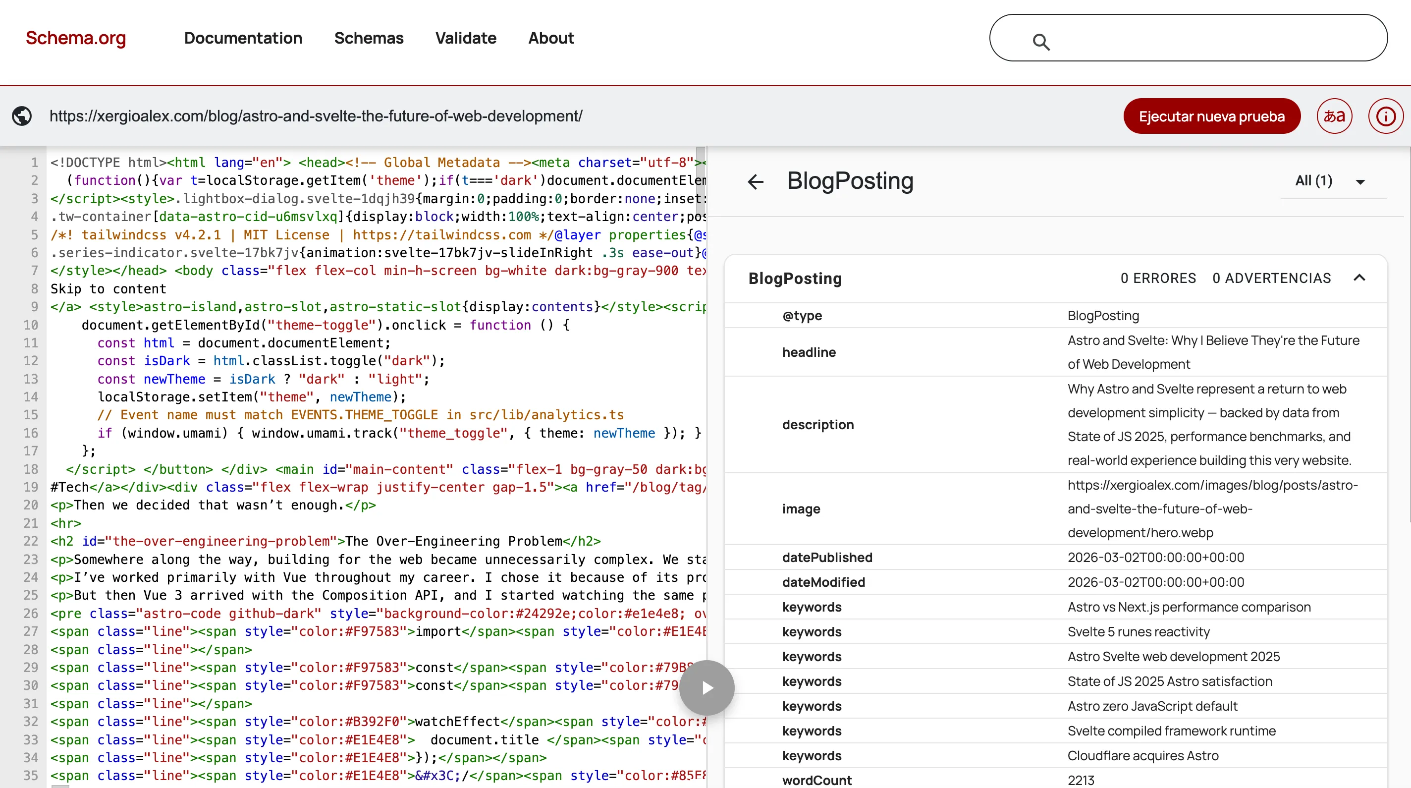 BlogPosting schema detail showing headline, description, image, datePublished, dateModified, keywords, and wordCount