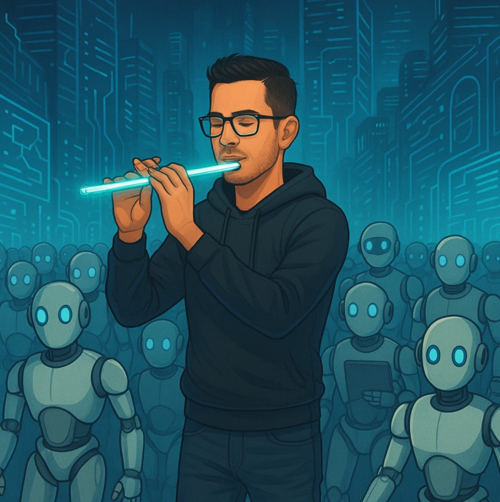 Illustration of human orchestrating AI agents — programmer as conductor