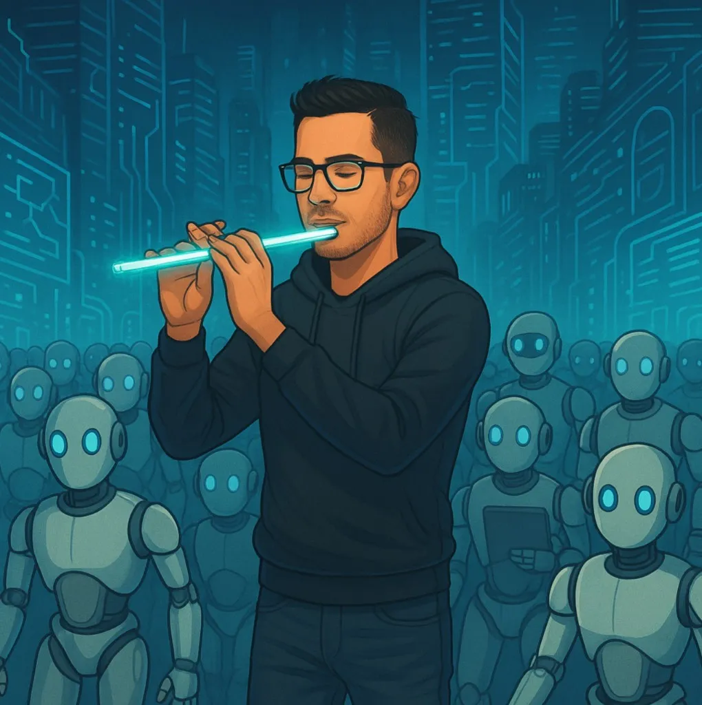 Illustration of human orchestrating AI agents — programmer as conductor