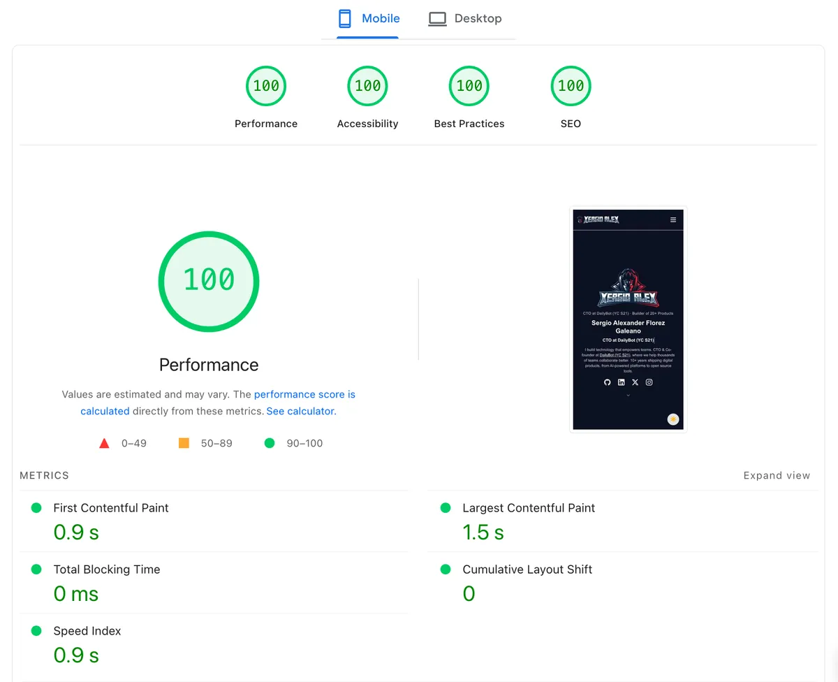 Google PageSpeed Insights mobile results for xergioalex.com showing perfect 100 scores in Performance, Accessibility, Best Practices, and SEO — with 0.9s First Contentful Paint, 1.5s LCP, 0ms Total Blocking Time, 0 CLS, and 0.9s Speed Index