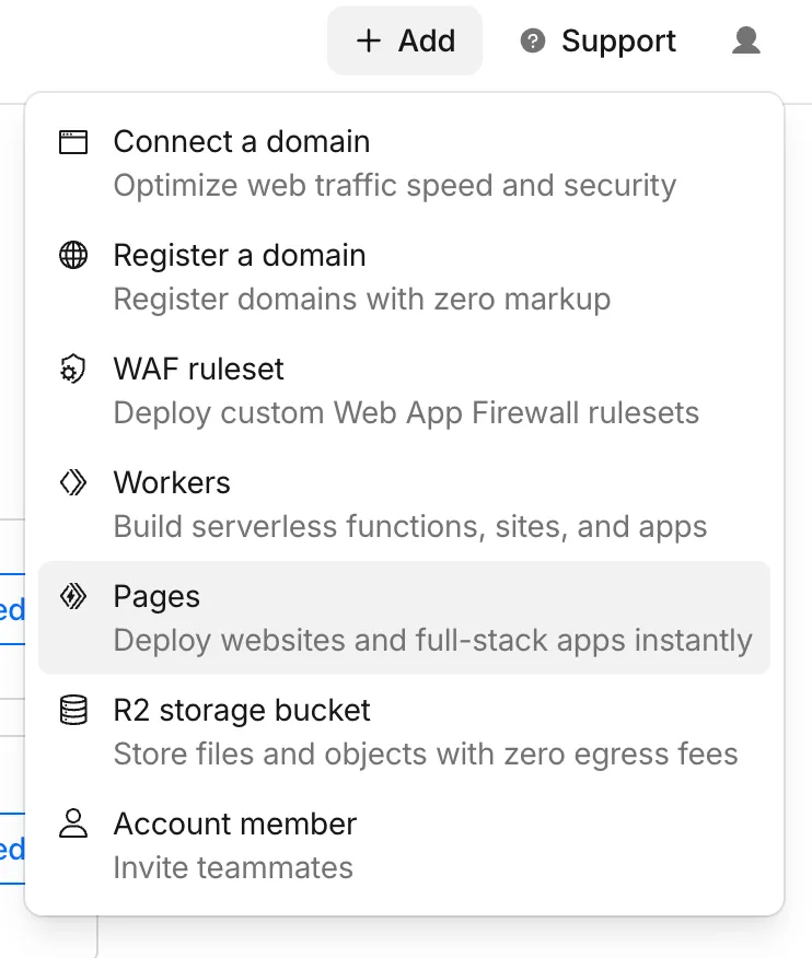 Cloudflare menu with Pages option selected