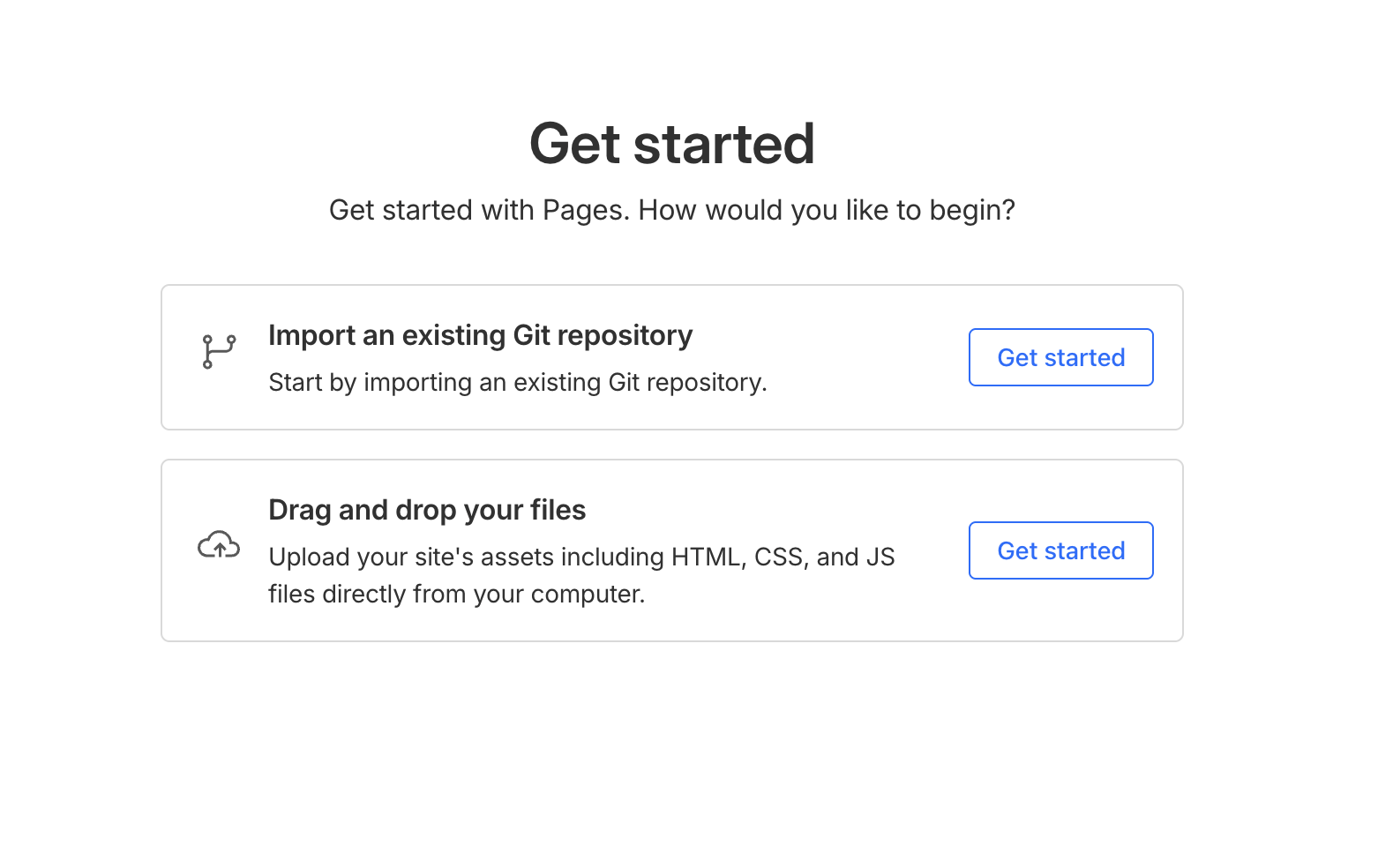 Cloudflare Pages getting started screen with Git repository import option