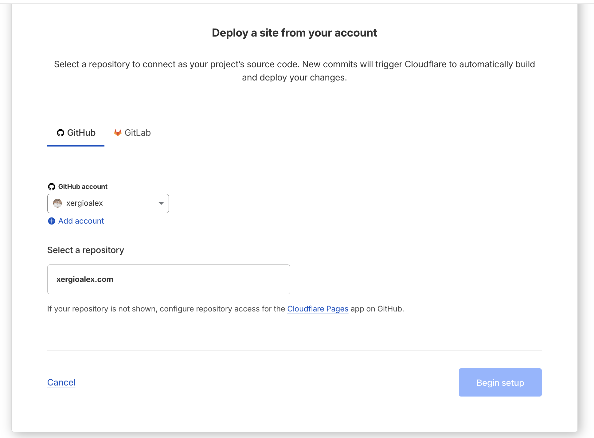 GitHub account and repository selection showing xergioalex.com
