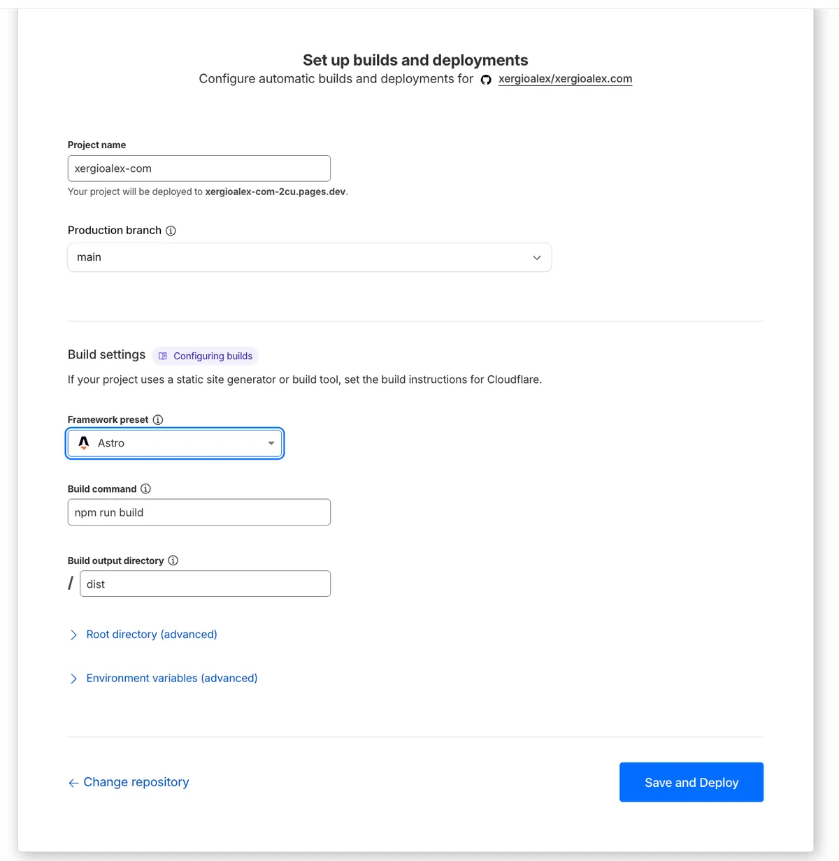 Build configuration with Astro detected, npm run build command and dist directory