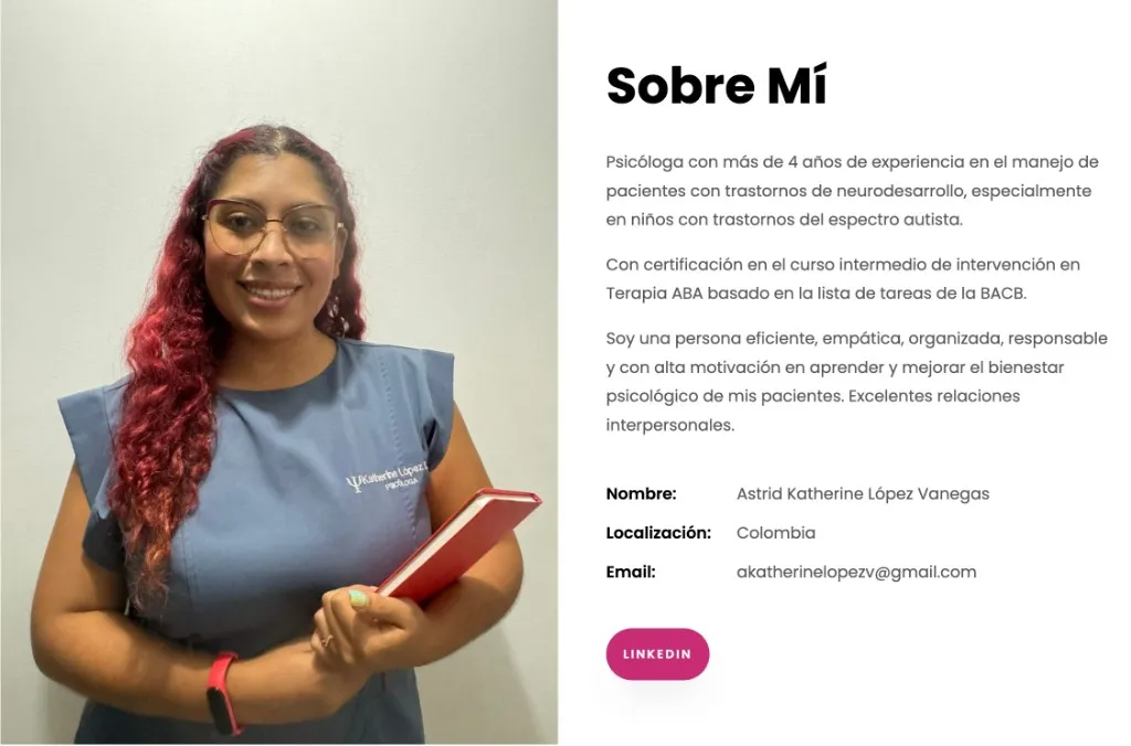 The "About Me" section of kathelopez.com with professional photo and bio