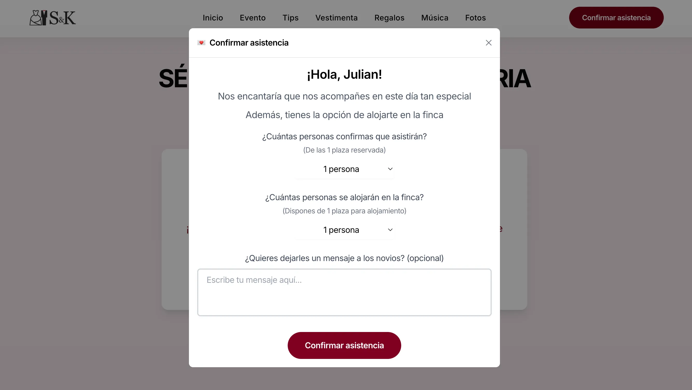 The RSVP confirmation modal for Julian — form with dropdowns for number of attendees and accommodation slots, a message field, and a confirm button