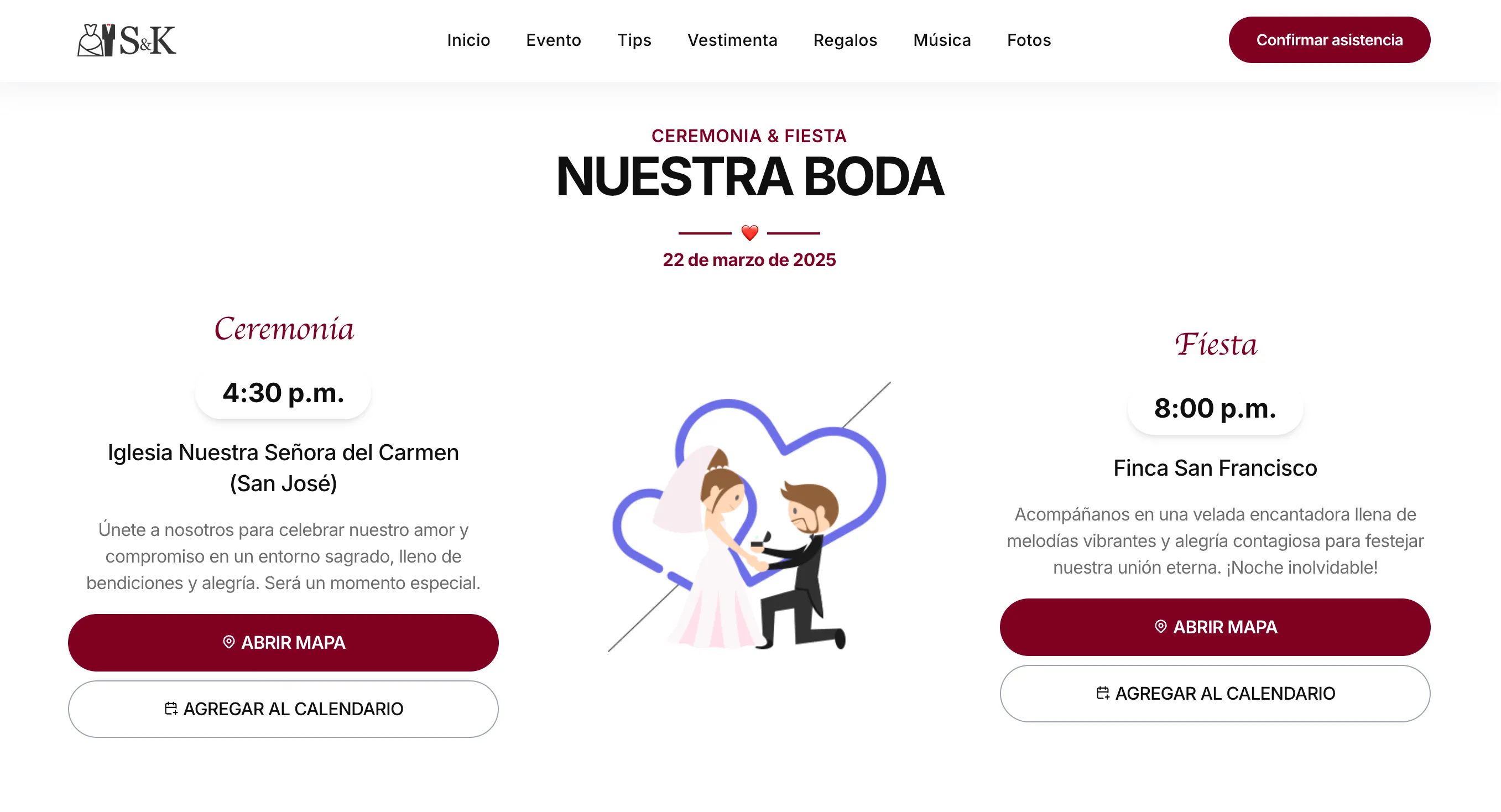 The events section showing ceremony at Iglesia Nuestra Señora del Carmen at 4:30 p.m. and party at Finca San Francisco at 8:00 p.m., with map and calendar buttons