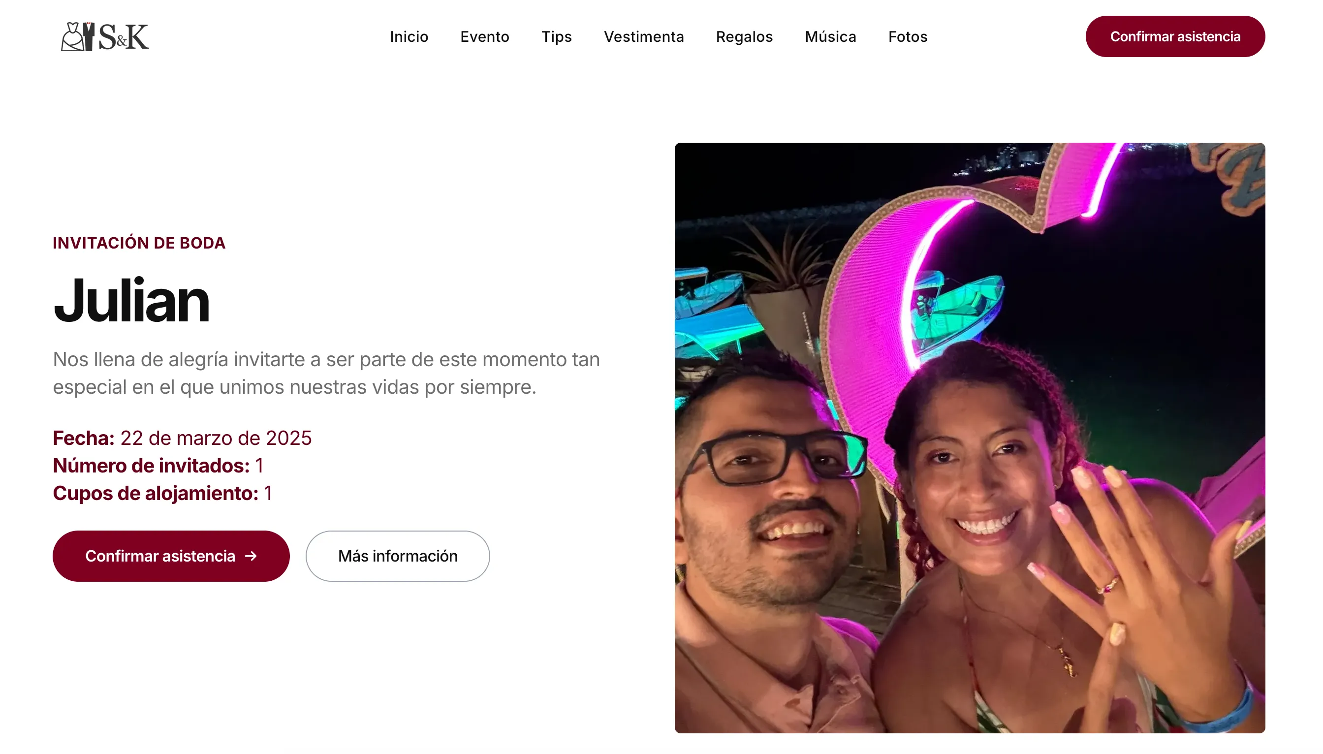 The personalized hero section for Julian — showing his name, 1 guest invitation, and 1 accommodation slot, all loaded from his unique invite code