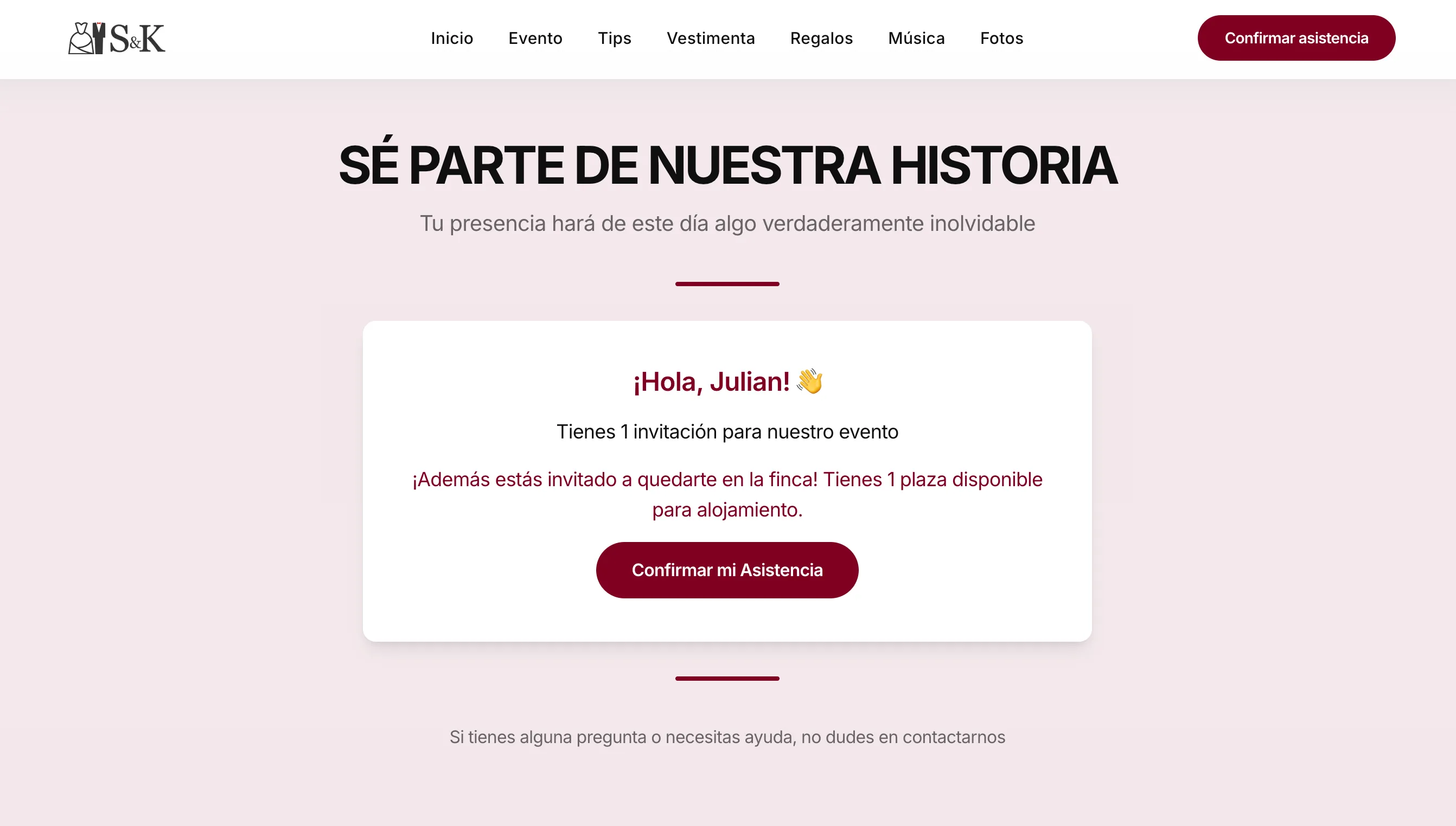 The RSVP section personalized for Julian — "¡Hola, Julian!" with his specific invitation details and a confirm attendance button