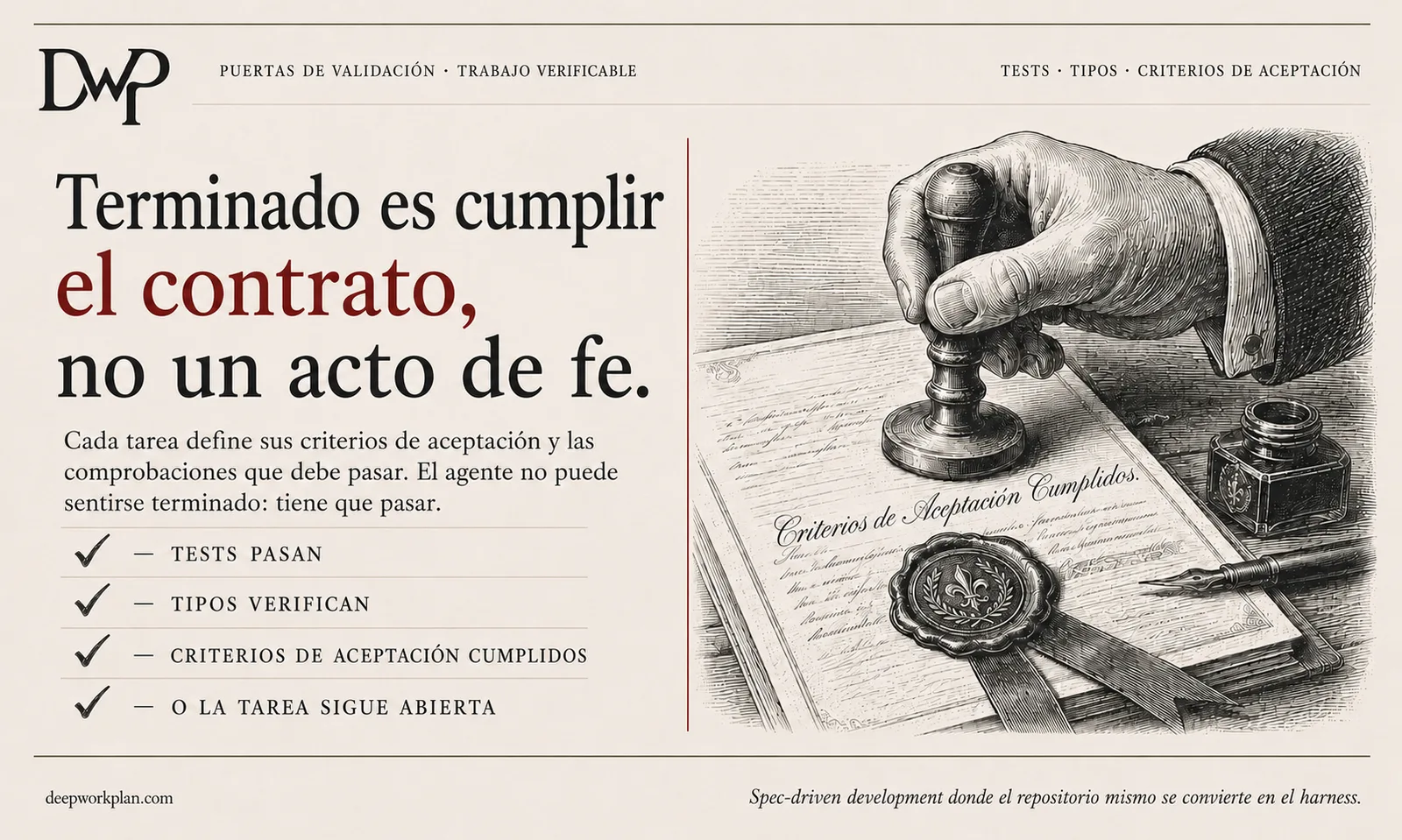 Ilustración de estilo grabado de un sello de lacre estampando 'Criterios de Aceptación Cumplidos', bajo el título 'Terminado es cumplir el contrato, no un acto de fe', con la lista: tests pasan, tipos verifican, criterios de aceptación cumplidos, o la tarea sigue abierta.