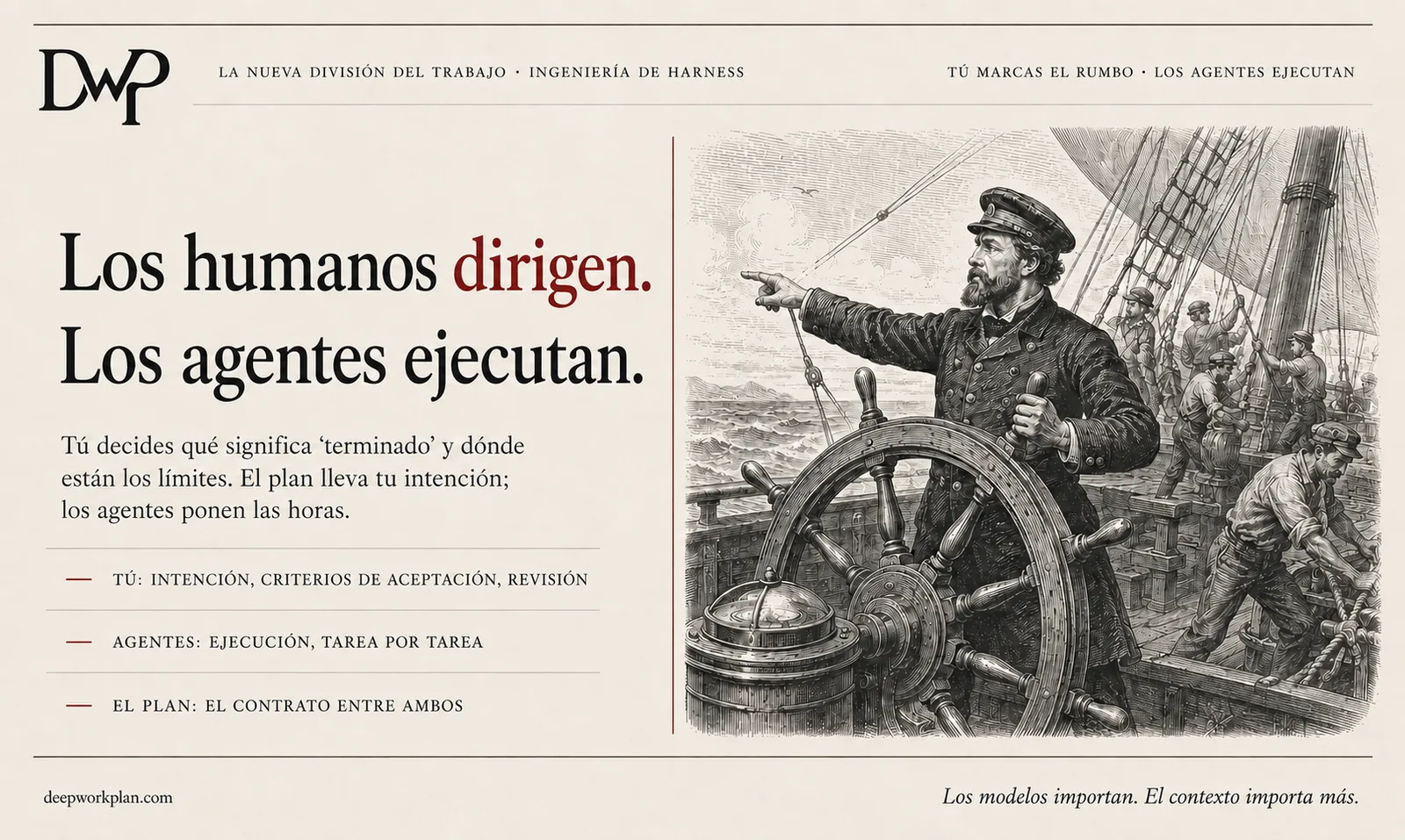 Ilustración de estilo grabado de un capitán de barco al timón señalando el rumbo mientras la tripulación ejecuta, bajo el título 'Los humanos dirigen. Los agentes ejecutan', con las líneas: tú aportas intención, criterios de aceptación y revisión; los agentes, la ejecución tarea por tarea; el plan, el contrato entre ambos.