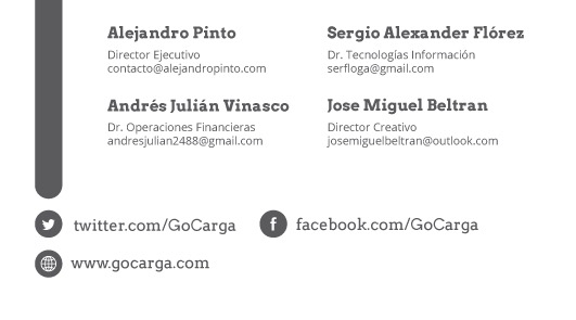 GoCarga business card back — Team: Alejandro Pinto (CEO), Sergio Alexander Flórez (Tech), Andrés Julián Vinasco (Operations), Jose Miguel Beltran (Creative)