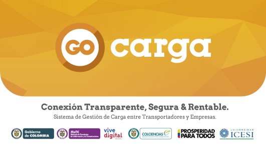 GoCarga business card front — Logo, tagline: Conexión Transparente, Segura & Rentable, sponsor logos