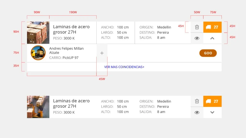 Prototipo de listado de cargas — Coincidencias entre carga y transportadores