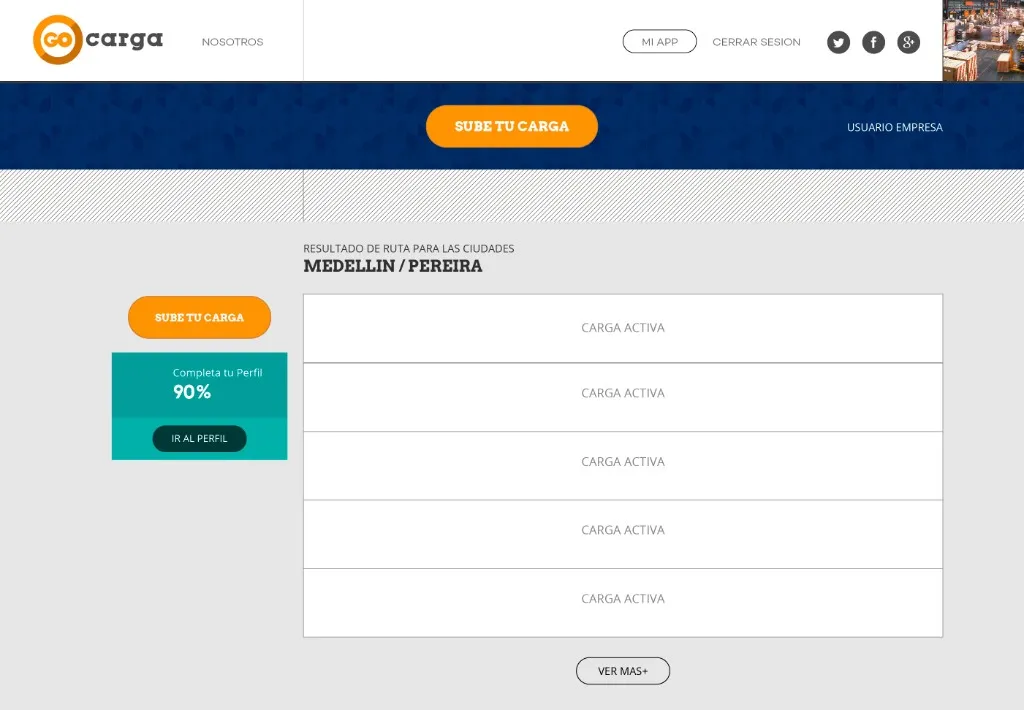 Prototipo de resultados de ruta — Búsqueda Medellín / Pereira, cargas activas