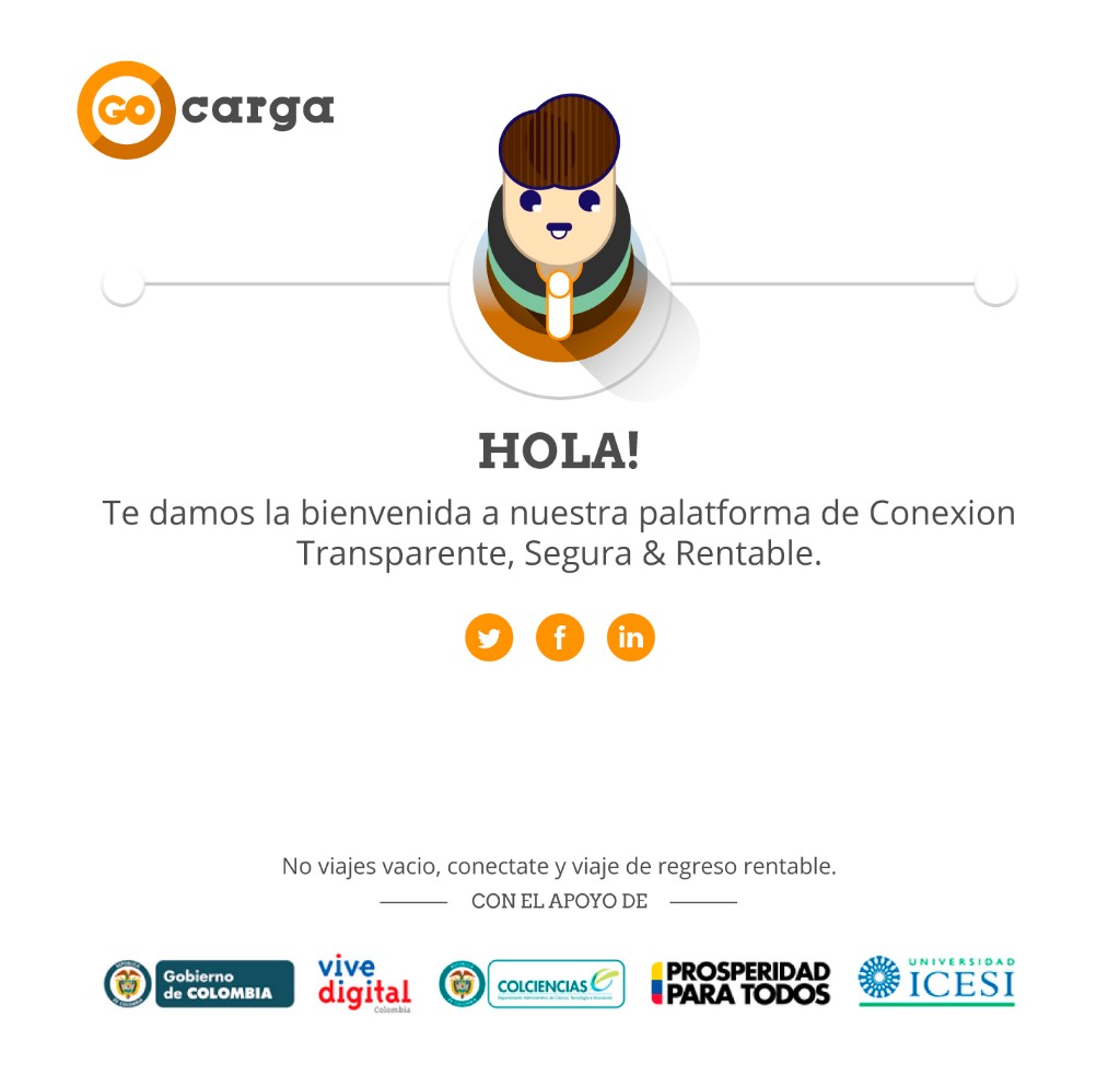 Welcome prototype — GoCarga mascot, onboarding page with government and university sponsors