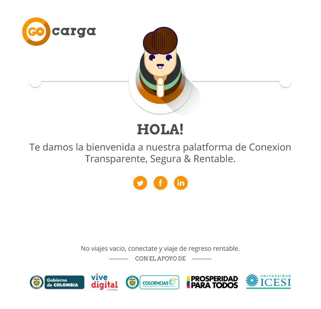 Prototipo de bienvenida — Mascota de GoCarga, página de onboarding con apoyo del gobierno y universidades
