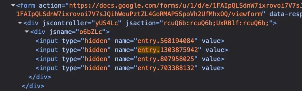 Hidden fields with entry IDs inside the form tag