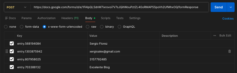 Postman body with form entry fields