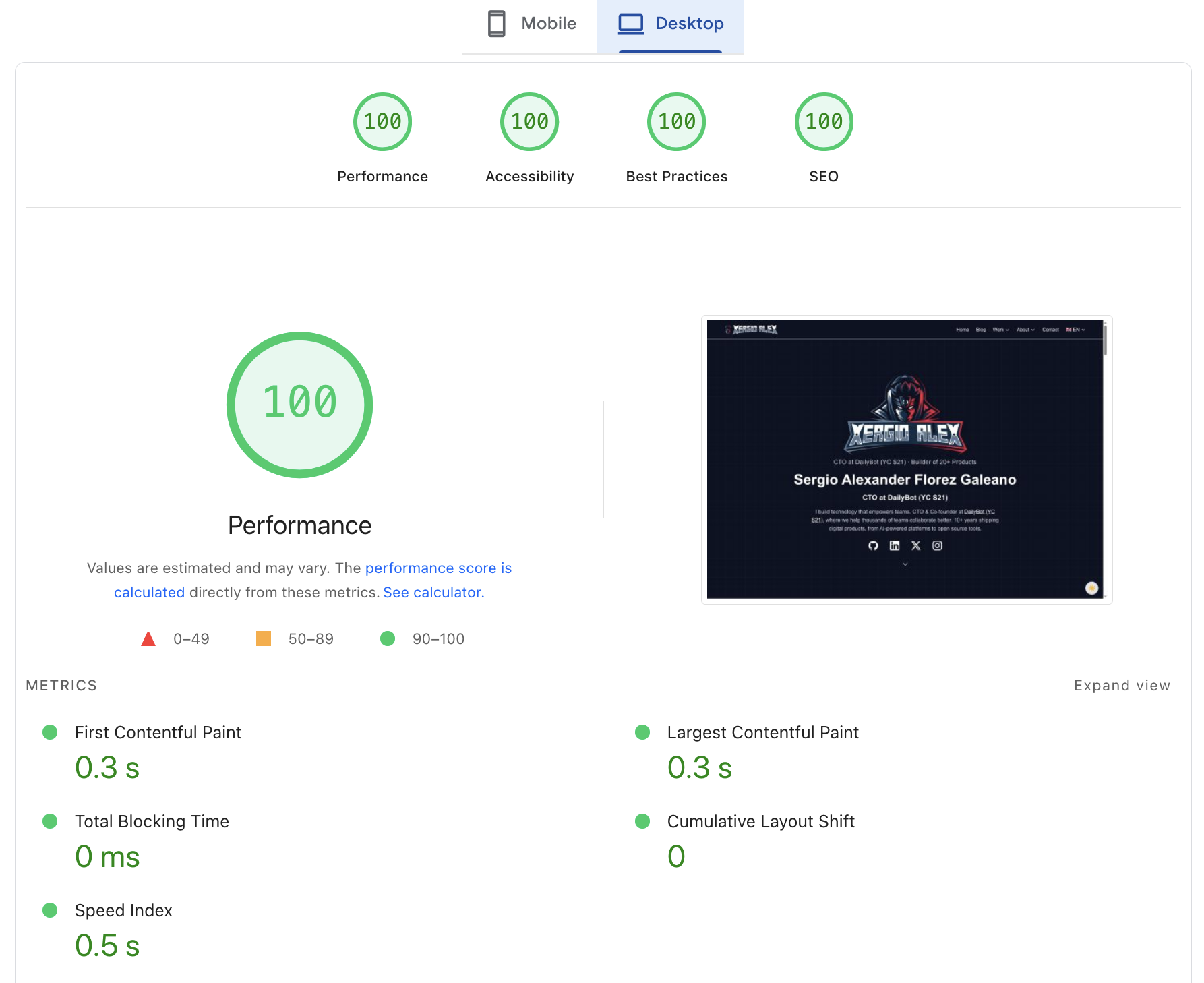 PageSpeed Insights — Desktop: 100 on Performance, Accessibility, Best Practices, and SEO. Core Web Vitals: FCP 0.3s, LCP 0.3s, TBT 0ms, CLS 0, Speed Index 0.5s