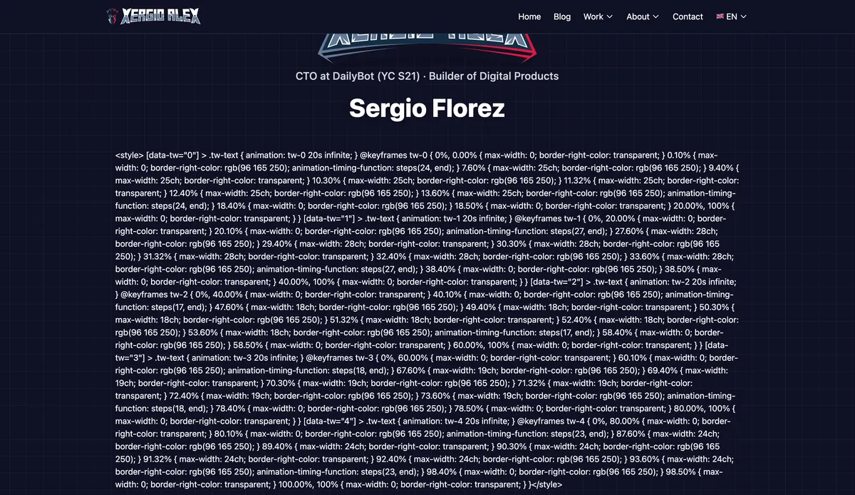 Homepage with raw CSS rendered as visible text — the typewriter animation's style tag escaped by the Rust compiler