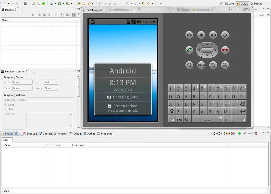 Eclipse ADT with the Android emulator showing a virtual phone with physical keyboard, DDMS debug panel below