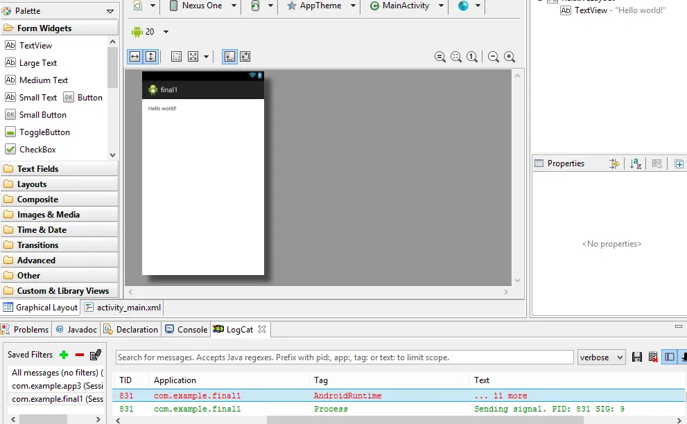 Eclipse ADT graphical layout editor showing a Hello World Android app with form widgets palette