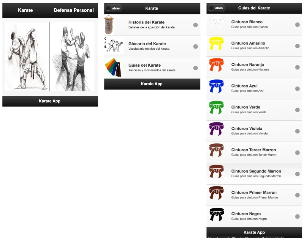 Three KDoSensei screenshots: home with Karate and Self-Defense sections, Karate menu with History, Glossary, and Guides, and belt-based guide list