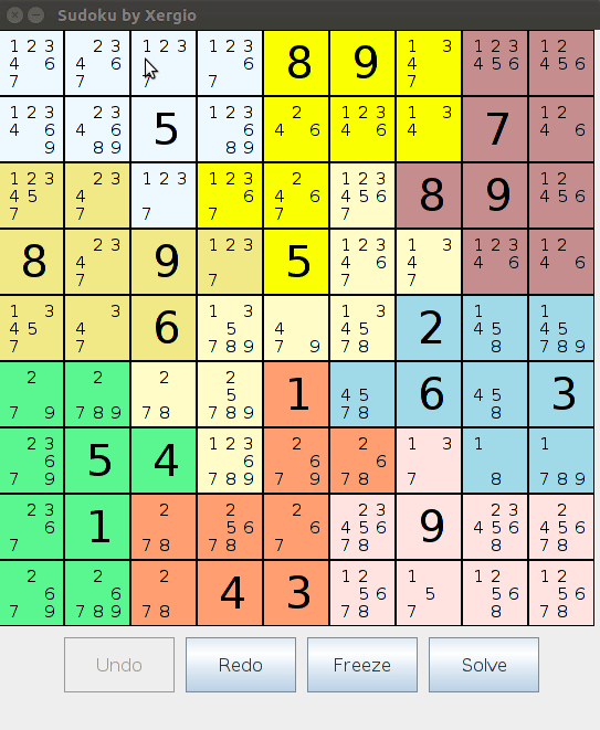 Sudoku solver demo — color-coded regions, candidate display, clicking to solve cells, and the automatic solve feature in action