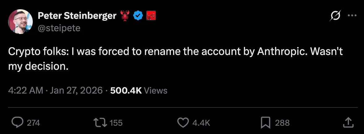 Peter Steinberger's tweet: I was forced to rename the account by Anthropic. Wasn't my decision.