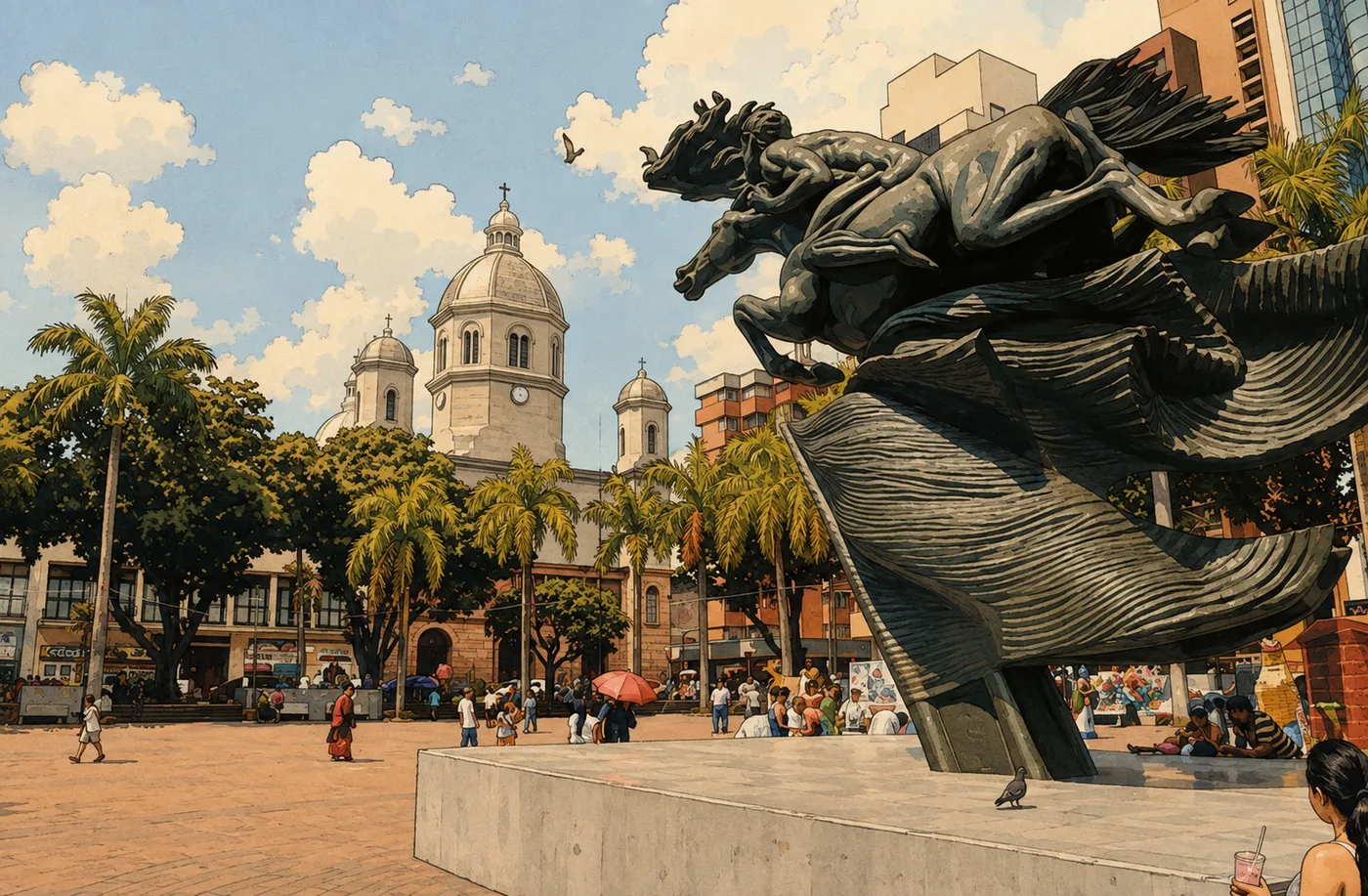 Illustration of Pereira's Parque de Bolívar on a clear day: the cathedral in the background, palm trees, people walking, and in the foreground the Bolívar Desnudo sculpture by Rodrigo Arenas Betancourt on its pedestal.