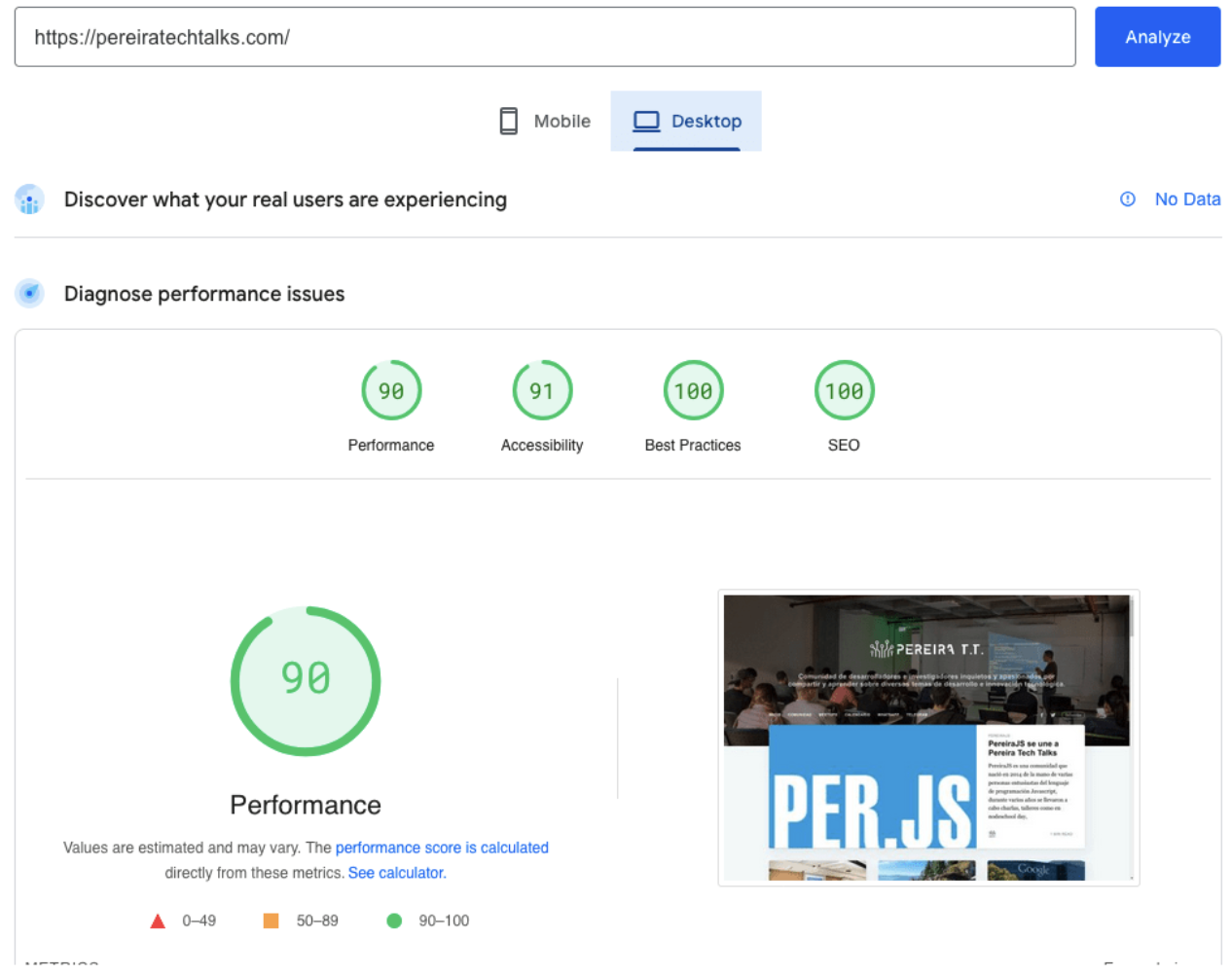 Lighthouse scores for the Ghost version — Performance 90, Accessibility 91, Best Practices 100, SEO 100