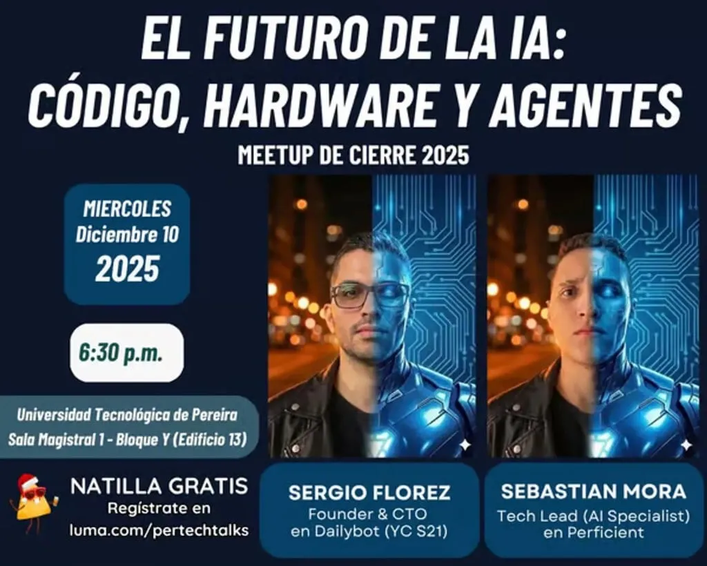 Promotional poster for The future of AI: Code, Hardware and Agents meetup at UTP