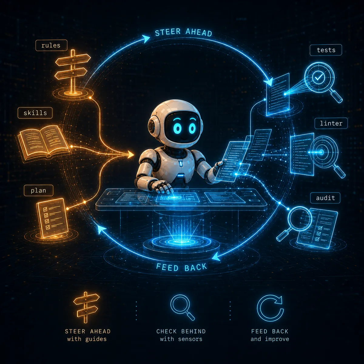 A control loop drawn around an agent: Guides feed in before it acts, Sensors feed back after, looping around.