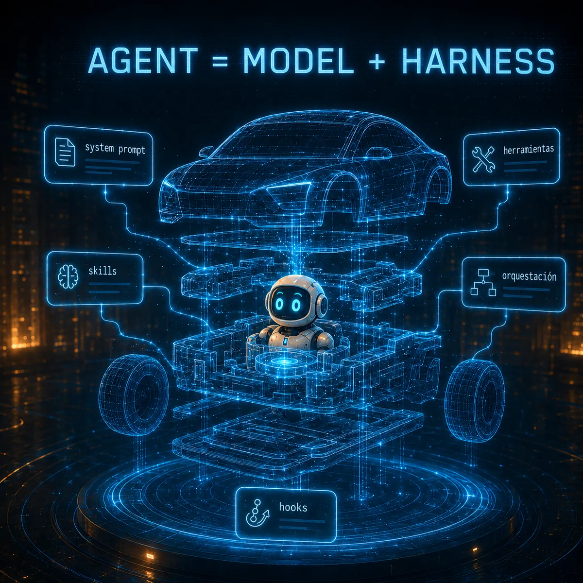 Un despiece holográfico de un carro en wireframe con un pequeño robot amigable en el lugar del motor, rodeado de componentes del harness etiquetados: system prompt, herramientas, skills, orquestación, hooks. Arriba, la ecuación 'Agent = Model + Harness'.