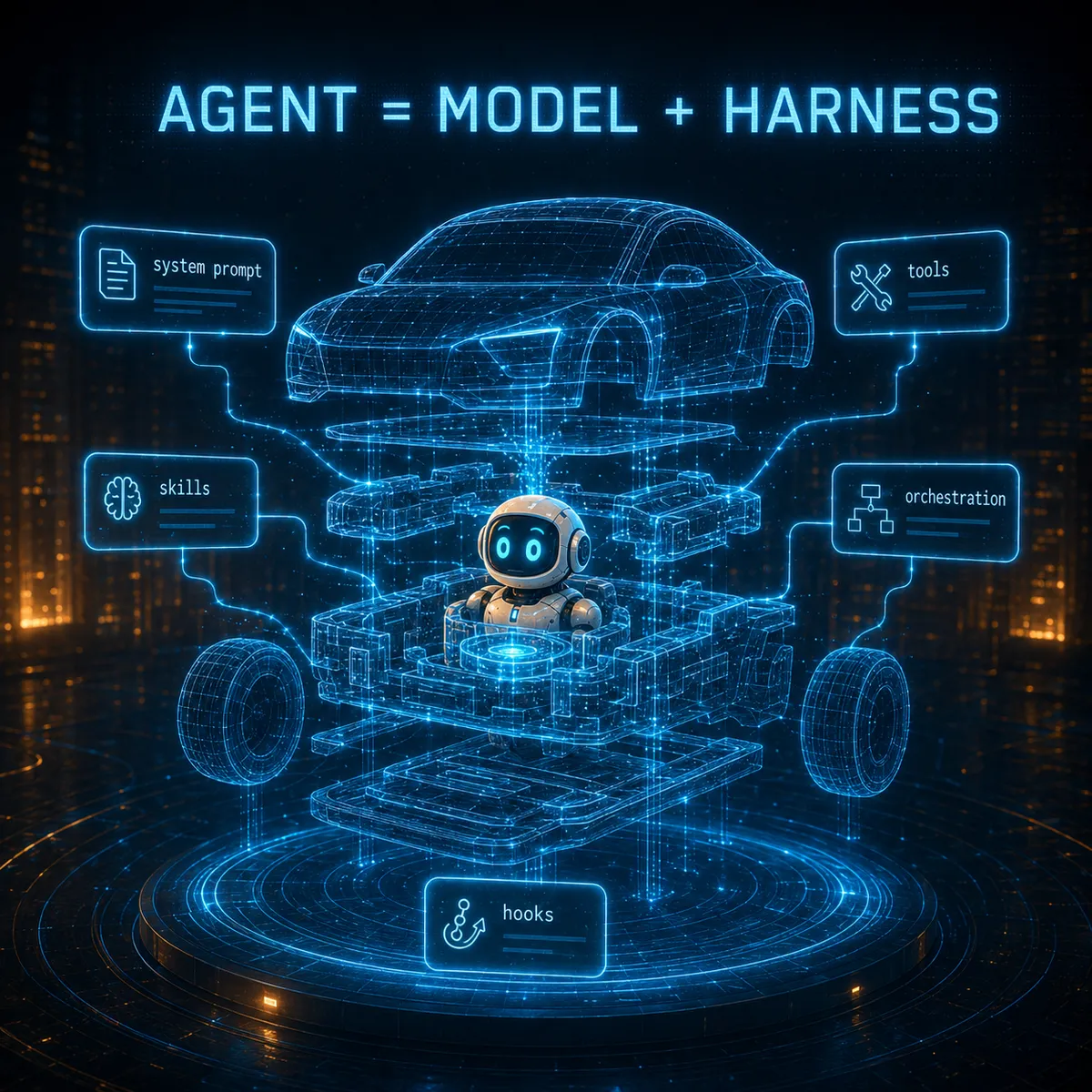 An exploded holographic wireframe of a car with a small friendly robot sitting in the engine bay, surrounded by labeled harness components: system prompt, tools, skills, orchestration, hooks. Above it, the equation 'Agent = Model + Harness'.