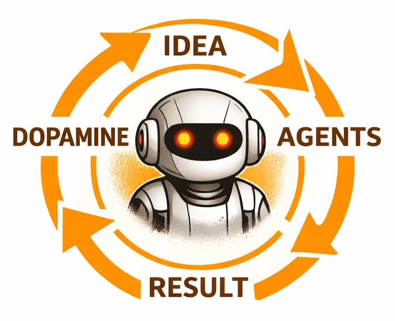 The dopamine loop of AI agent-assisted development: Idea leads to Agent, Agent produces Result, Result triggers Dopamine, Dopamine sparks the next Idea — an endless cycle