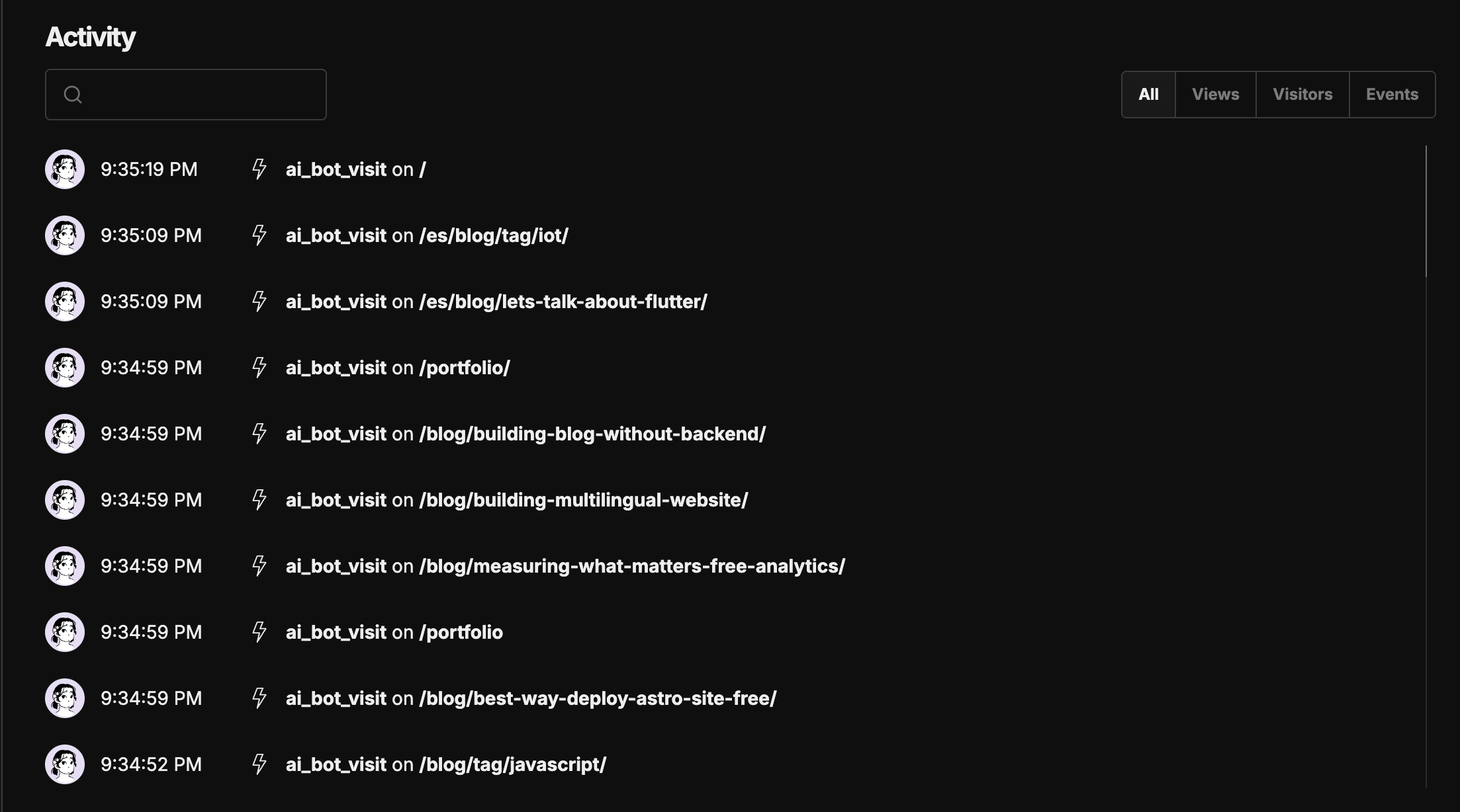 Umami activity feed showing ai_bot_visit events on different pages of the site