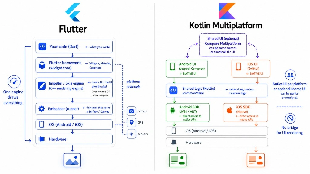 Internal architecture diagram: Flutter with Impeller engine drawing all UI vs KMP with native UI per platform and shared Kotlin logic