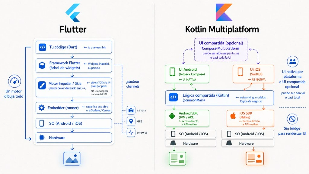 Diagrama de arquitectura interna: Flutter con un motor Impeller que dibuja toda la UI vs KMP con UI nativa por plataforma y lógica compartida en Kotlin