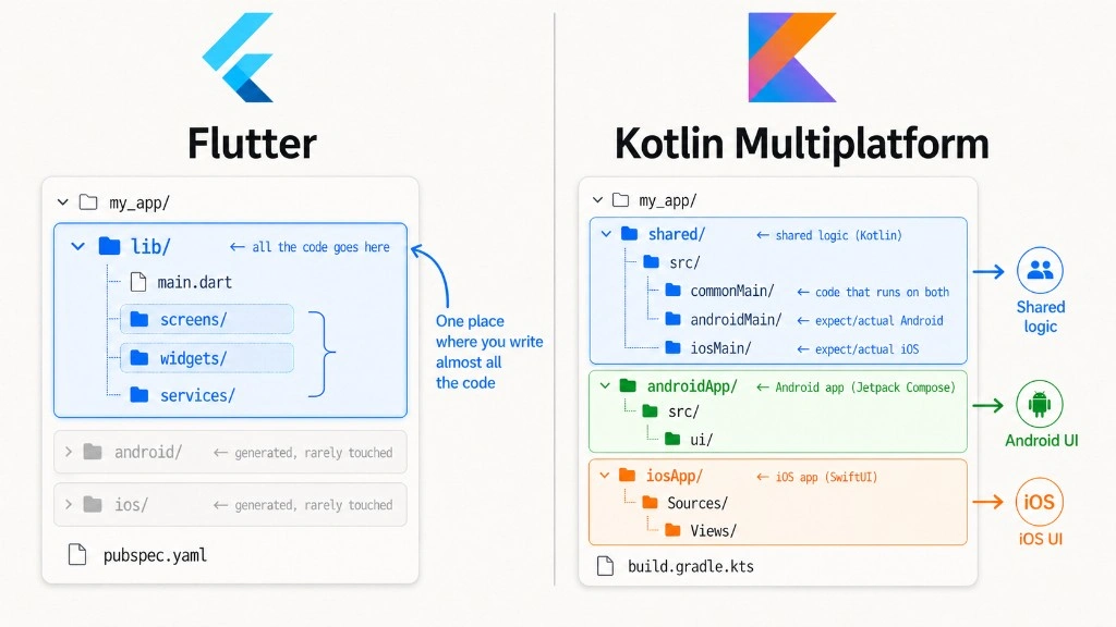 Folder structure comparison: Flutter with a single lib/ directory vs KMP with shared/, androidApp/, and iosApp/ as three coordinated blocks